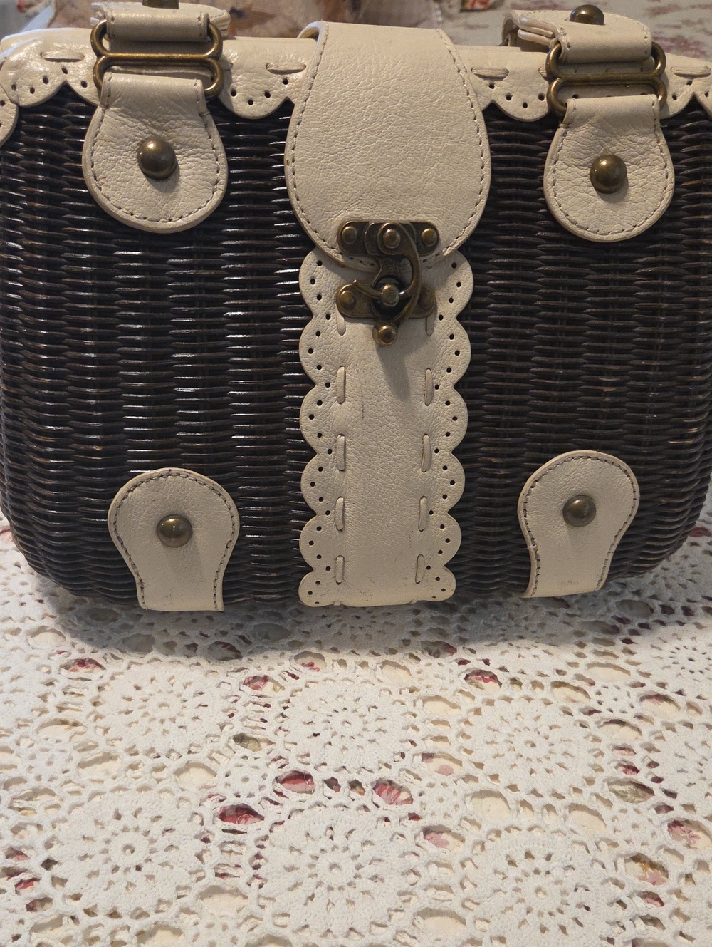 Isabella Fiore Brown Woven Tote with Cream Trim